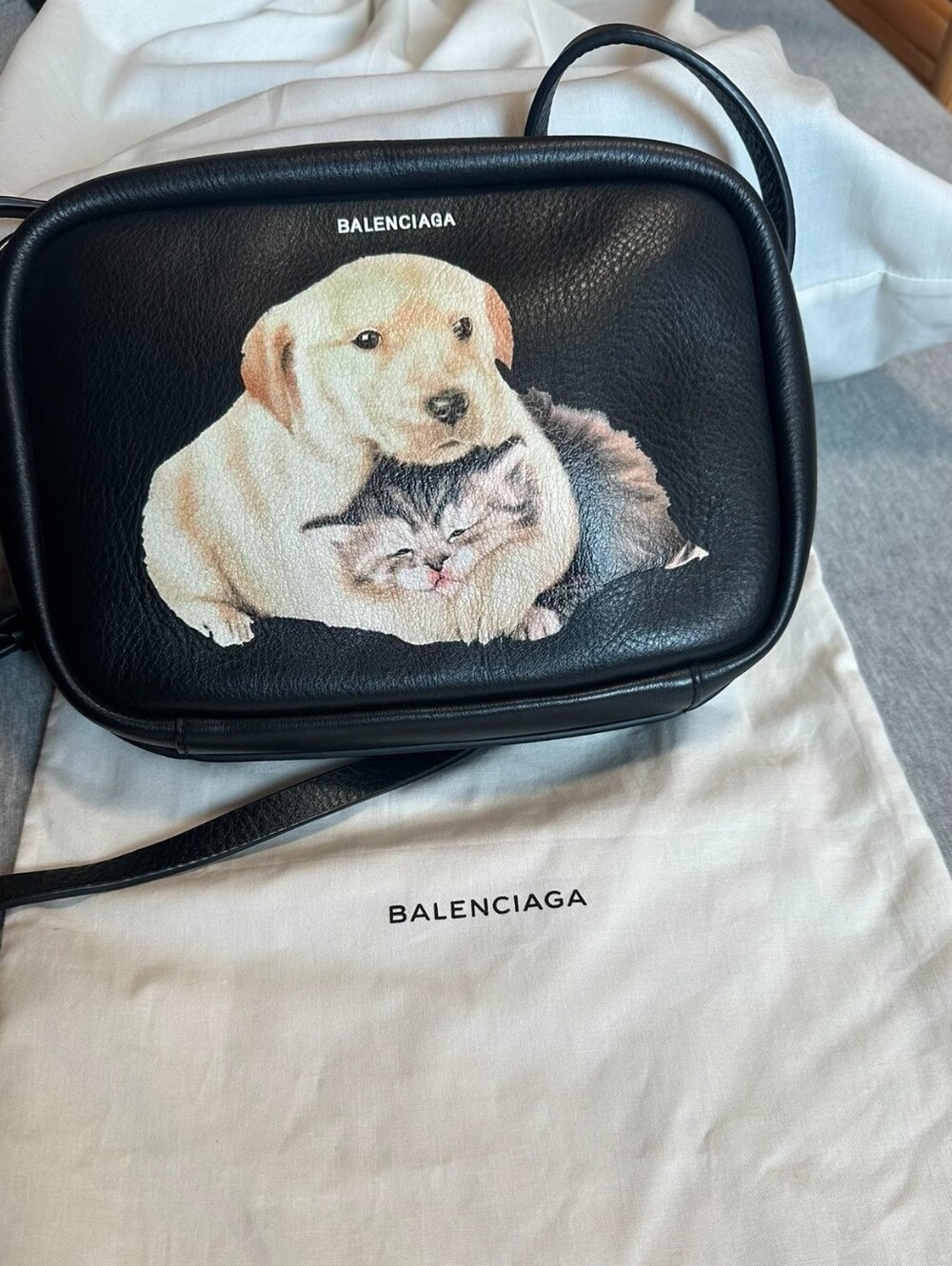 Balenciaga Black Leather Crossbody with Puppy and Kitten Print dog and Cat